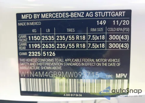 2021 Mercedes-Benz Glb 250 из США, поврежденный, VIN W1N4M4GB9MW093715